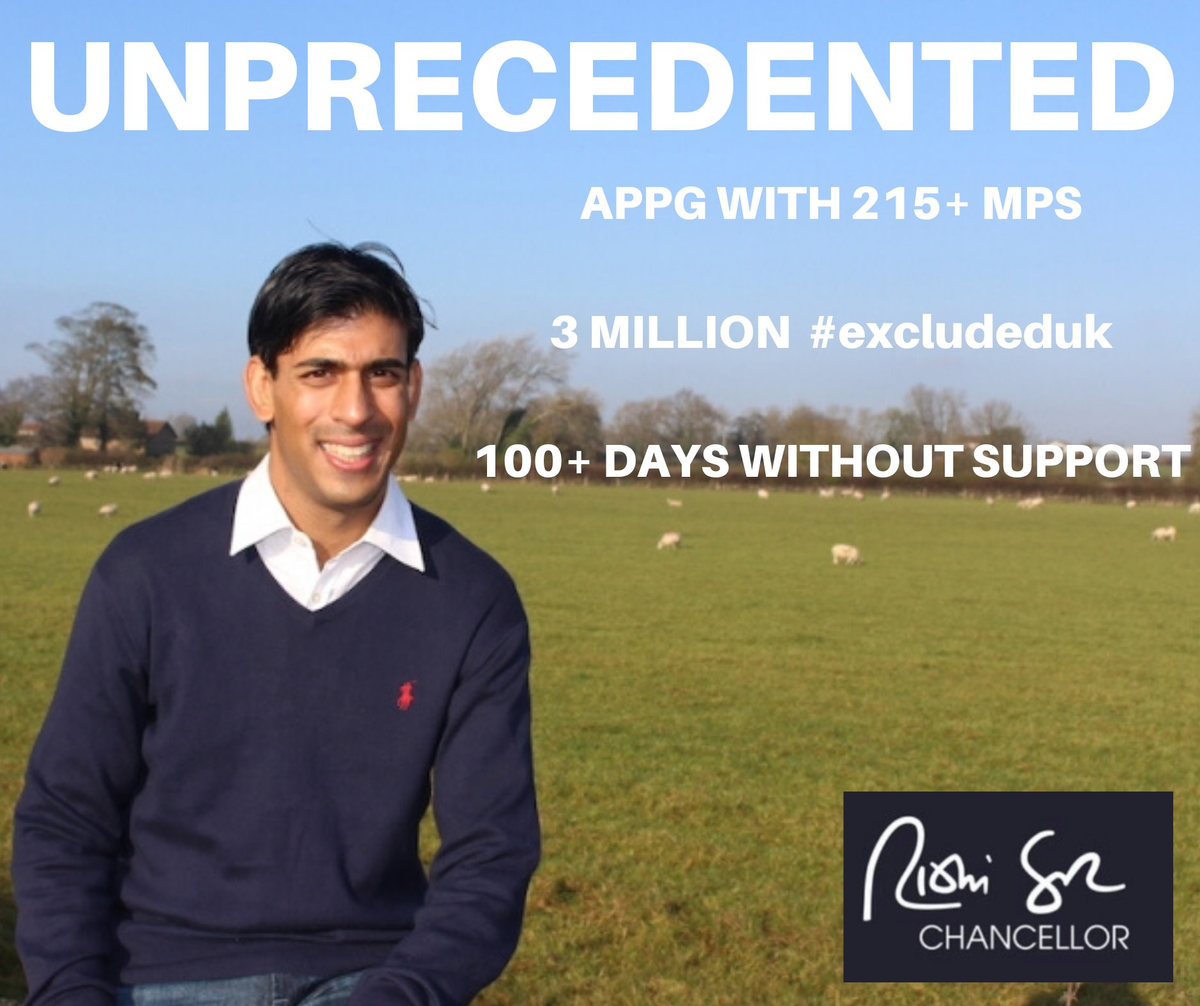What excuse do you think he will come with tomorrow <a href="/MelJStride/">Mel Stride</a> . Please do not let <a href="/RishiSunak/">Rishi Sunak</a> state unprecedented support. You know and he knows 3m+ have been #excludeduk. There are many solutions - starting with a grant not debt for all affected &amp; the furlough bonus redirected