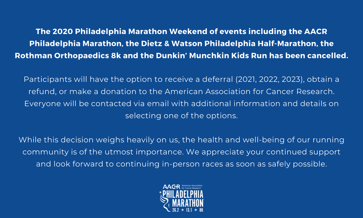 Philly_Marathon's tweet photo. The 2020 Philadelphia Marathon Weekend of events including the AACR Philadelphia Marathon, the Dietz &amp; Watson Philadelphia Half-Marathon, the Rothman Orthopaedics 8k and the Dunkin’ Munchkin Kids Run has been cancelled. https://t.co/S4IOiKquX9