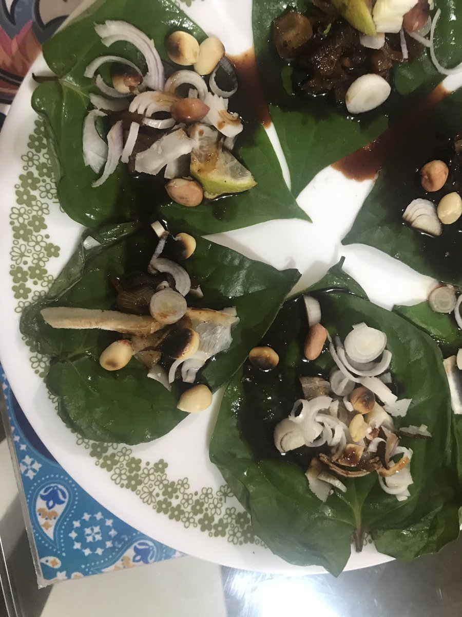 HimjaParekh's tweet photo. Welcome to #Asia. Appetiser: Thai Miang Khan- betel leaf with a reduced sauce and accompaniments. Mains- Thai green curry. Thai red cabbage and sesame seeds salad. Indonesian Jackfruit curry (Gulai Nangka), steamed rice. #FlavoursofAsia https://t.co/4cr83gtfBA