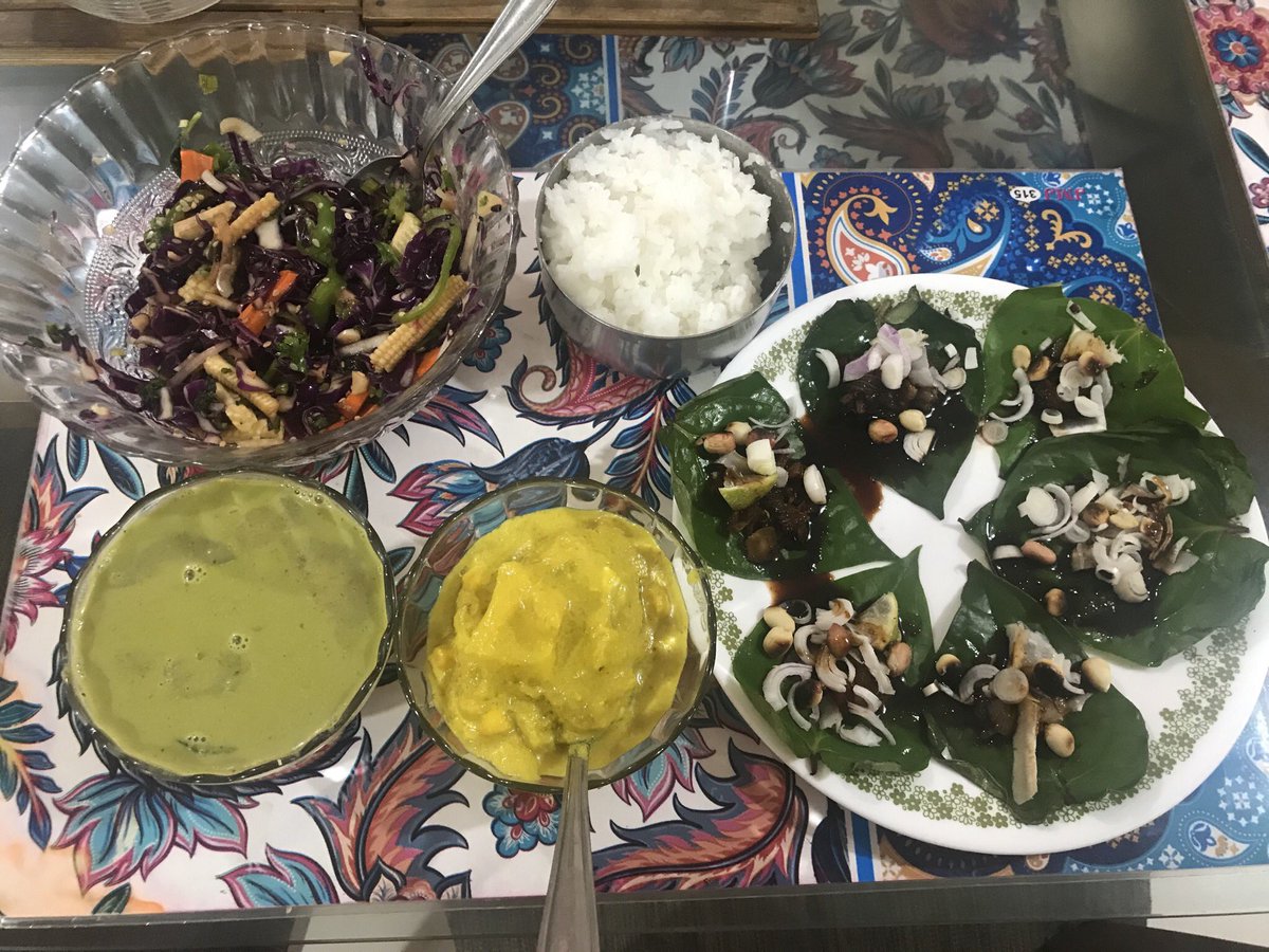 HimjaParekh's tweet photo. Welcome to #Asia. Appetiser: Thai Miang Khan- betel leaf with a reduced sauce and accompaniments. Mains- Thai green curry. Thai red cabbage and sesame seeds salad. Indonesian Jackfruit curry (Gulai Nangka), steamed rice. #FlavoursofAsia https://t.co/4cr83gtfBA