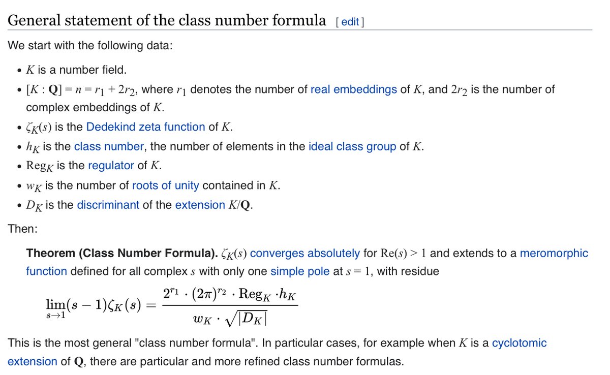 The class number formula (below, from Wikipedia) tells us that the residue of the Dedekind zeta function of a number field K at s=1 is related to certain more algebraic invariants of the number field -- for example, its class number h_K and the number of roots of unity in K. 2/n