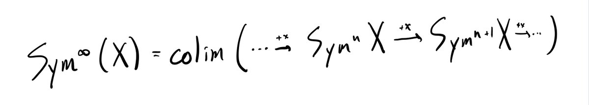 Choose x in X(𝔽_q). This gives us mapsSym^n(X)-->Sym^{n+1}(X),just by adding x to an n-tuple of points, to get an (n+1)-tuple. The infinite symmetric power Sym^∞(X) will be the union of all of the Sym^n(X).17/n