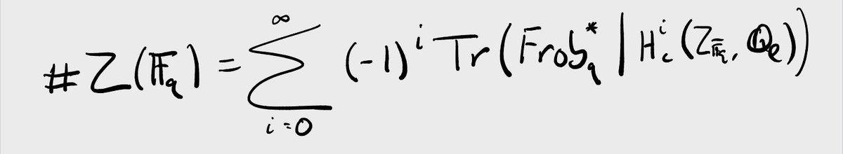 Let's try to "count points" on this infinite-dimensional space Sym^∞(X). We can't do this naively; in any reasonable sense, this space has infinitely many points. Instead, we'll use the Grothendieck-Lefschetz trace formula, which tells us to count points using cohomology. 18/n