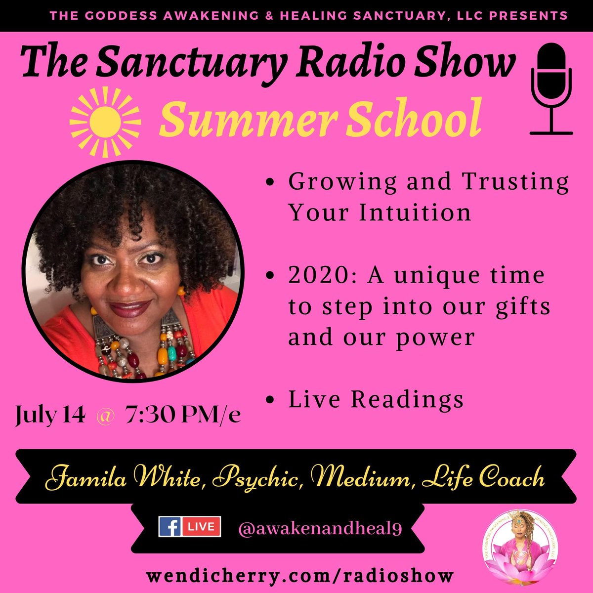 AwakenAndHeal's tweet photo. #Psychic, #medium, and life coach, + my #DST Soror, #JamilaWhite is on #TheSanctuaryRadioShow TONIGHT @ 7:30 PM/e! 

We are gathering our tools for the 2nd wave of #Corona, persistent #racism, and life!

Let's #AwakenAndHeal❗️

Order #FromJerZtoMe at https://t.co/D6SXW9D4ER https://t.co/eFwWks2QuC