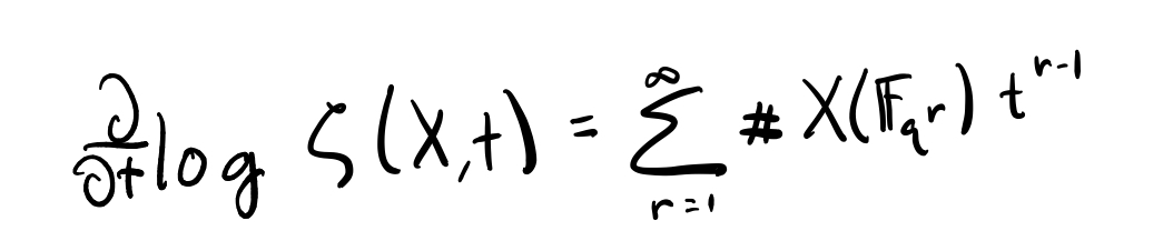 If the definition looks weird, note that its logarithmic derivative (below) is a generating series counting points of X over finite extensions of 𝔽_q. Slogan: the zeros and poles of a meromorphic function control the growth of the coefficients of its logarithmic derivative. 6/n