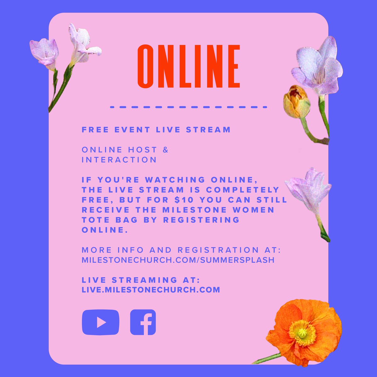 milestonewomen's tweet photo. Ladies, it’s time to make plans to attend Summer Splash on Aug 4! You won’t want to miss this night of worship, laughter, and inspirational teaching! We've made adjustments for a fantastic online experience &amp; a limited capacity onsite experience. https://t.co/myuF9mYI9U https://t.co/JabARgjzr1