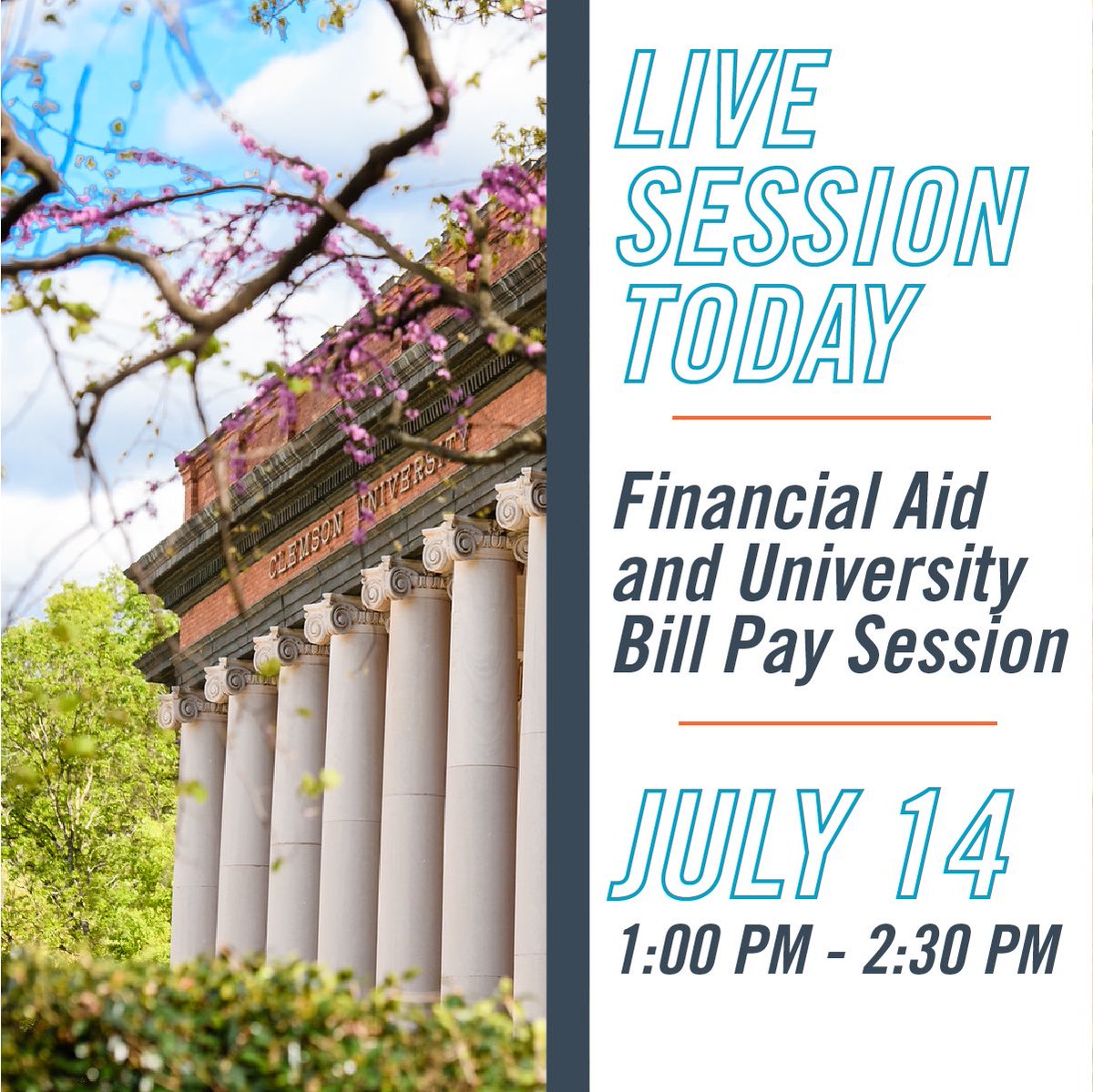 There is a Financial Aid and University Bill Pay Session today, starting at 1:00 PM EST!