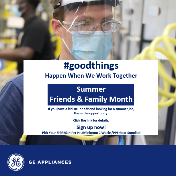 MeganMusumeci's tweet photo. We're still offering summer jobs at Appliance Park for the summer! Come see what's it's like to work on a manufacturing line. 2 week min. or stay through the end of August. We'll fast-track friends and family summer applications. https://t.co/39OPSlYv7f

#goodthings #geaemployee https://t.co/885adkAryl