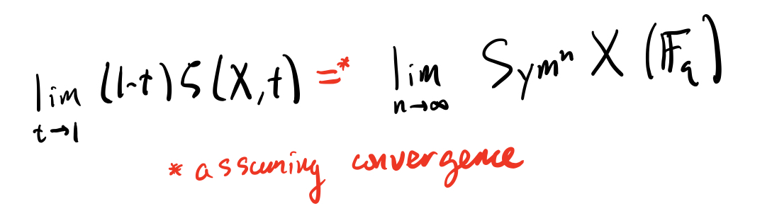 For the rest of this thread, I want to try to make sense of the equation below, even when the limit does not converge, using ideas from algebraic topology: the Dold-Thom theorem. That is, I want to explain how the "class number formula" counts points on a certain space. 16/n