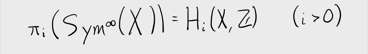 The Dold-Thom theorem tells us that for a connected CW complex X, the i-th homotopy group of Sym^∞(X) is the same as the i-th singular homology group of X (as long as i is positive). We can use this to compute the (rational) cohomology of X. 20/n