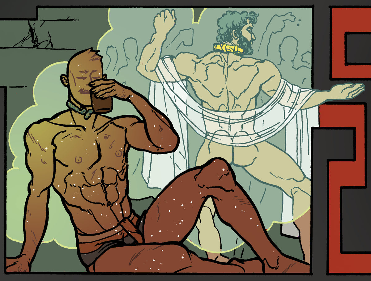 Asterion- a queer Minoan horror short for Theater of Terror: Revenge of the Queers, edited by  @WilliamOTyler &  @justincomics, published by  @northwestpress.Digital copies here:  https://northwestpress.com/shop/theater-of-terror-revenge-of-the-queers/(If you'd like a physical copy, DM me--I still a few left!)