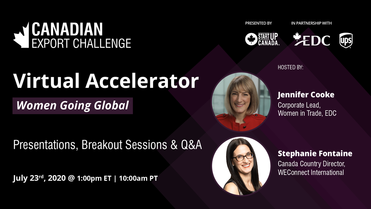 Startup_Canada's tweet photo. Are you a women entrepreneur who is looking to learn more about exporting? 

Join us on July 23 at 1PM EST for the The Women Going Global Accelerator! 

Register today: https://t.co/DI21PDUUBc https://t.co/02t8vjcMfT