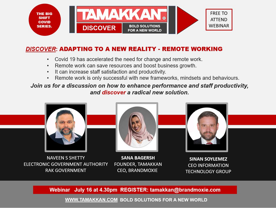 Tamakkan's tweet photo. We invite you to a "discover" session on remote work and on a breakthrough solution for managing productivity and boosting staff satisfaction.

Register for our session this Thursday, July 16 at 4.30pm by emailing tamakkan@brandmoxie.com

#remotelife #remotework

@SanaBagersh https://t.co/LMNpEz4b62