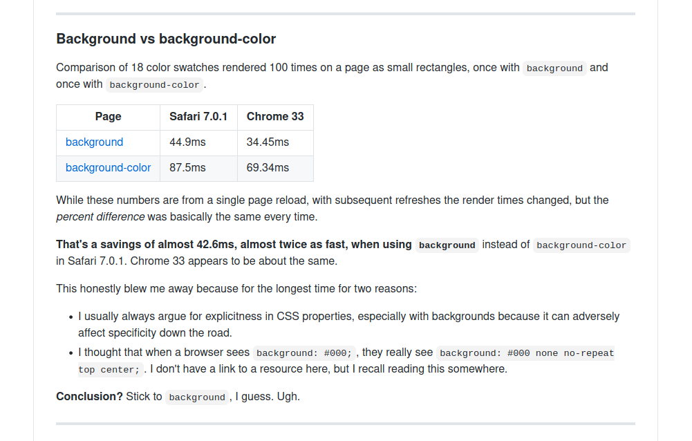 CodingPotions's tweet photo. ¿Sabíais que en #CSS para poner un color de fondo la propiedad background es más rápida en términos de performance que background-color?

O al menos esos son los resultados del que hizo estos experimentos.

Si alguien sabe algo más del tema que responda.

https://t.co/g3WyGURy1e https://t.co/B4GWFOXym4