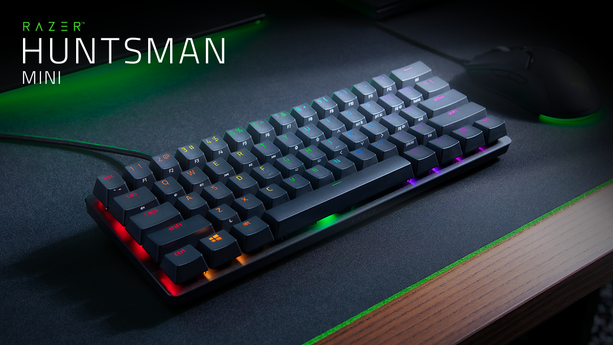 Razer's tweet photo. Maximum performance made minimalist. Dominate on a different scale and go compact with the all-new Razer Huntsman Mini—our first 60% keyboard. https://t.co/vHIWBXDjzN

✅Razer Optical Switches
✅Doubleshot PBT Keycaps  
✅Onboard memory  
✅Razer Chroma RGB https://t.co/IJWKQ2LE3E