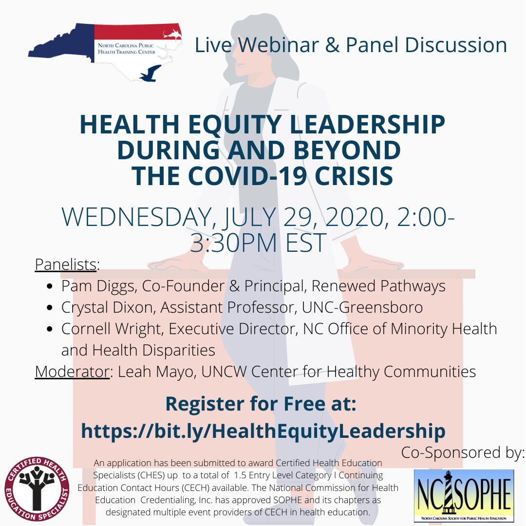 uncwchhs's tweet photo. What is the history of health disparities &amp; their implications on COVID-19? On July 29 @ 2 p.m., hear from health professionals and identify at least one strategy you can apply to promote health equity in your community. Register: https://t.co/hNeXeBBWgs https://t.co/bABblmO2oa