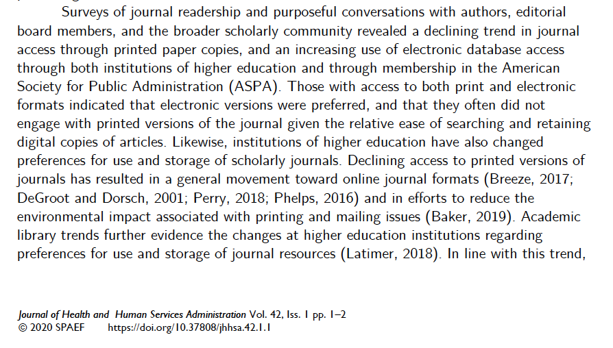 Journal_HHSA's tweet photo. Exciting news for JHHSA!
Starting with our newest issue @Journal_HHSA has moved to an online-only format and has ceased printing paper issues. This is in response to clear messages about preferences for accessing JHHSA from scholars, practitioners, and institutions. https://t.co/zV1j95ROX3