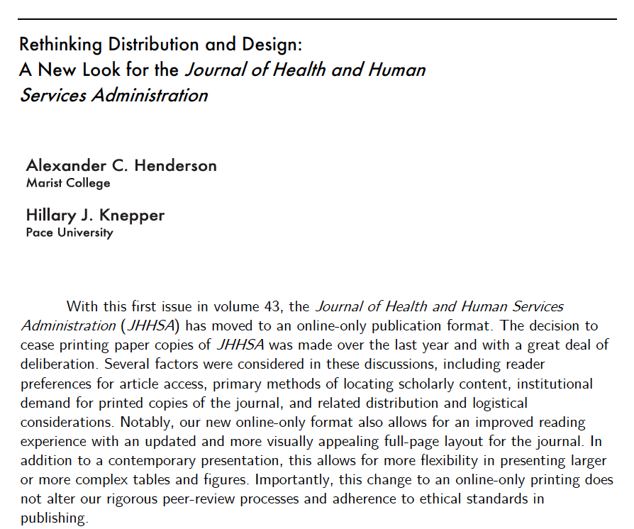 Journal_HHSA's tweet photo. Exciting news for JHHSA!
Starting with our newest issue @Journal_HHSA has moved to an online-only format and has ceased printing paper issues. This is in response to clear messages about preferences for accessing JHHSA from scholars, practitioners, and institutions. https://t.co/zV1j95ROX3