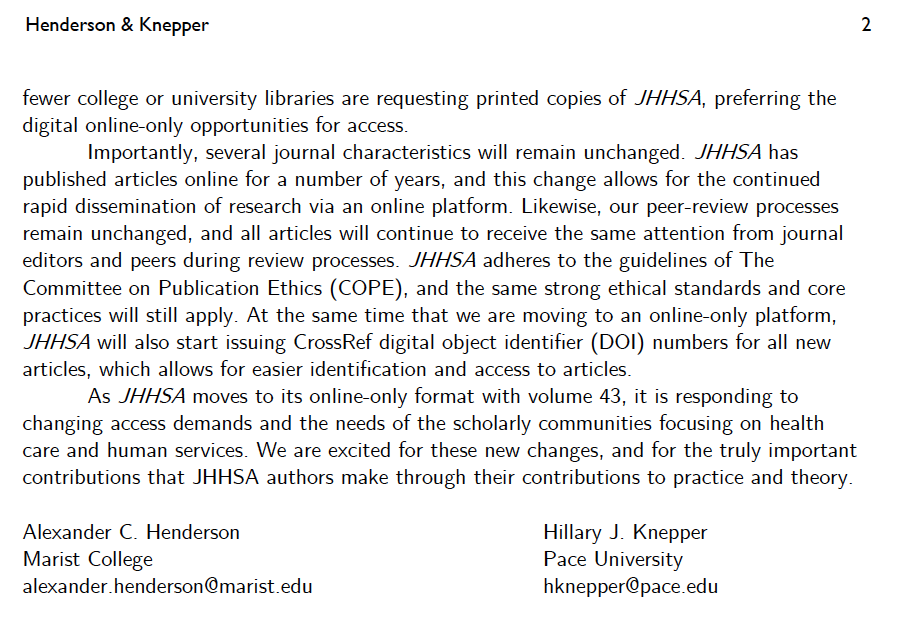 Journal_HHSA's tweet photo. Exciting news for JHHSA!
Starting with our newest issue @Journal_HHSA has moved to an online-only format and has ceased printing paper issues. This is in response to clear messages about preferences for accessing JHHSA from scholars, practitioners, and institutions. https://t.co/zV1j95ROX3