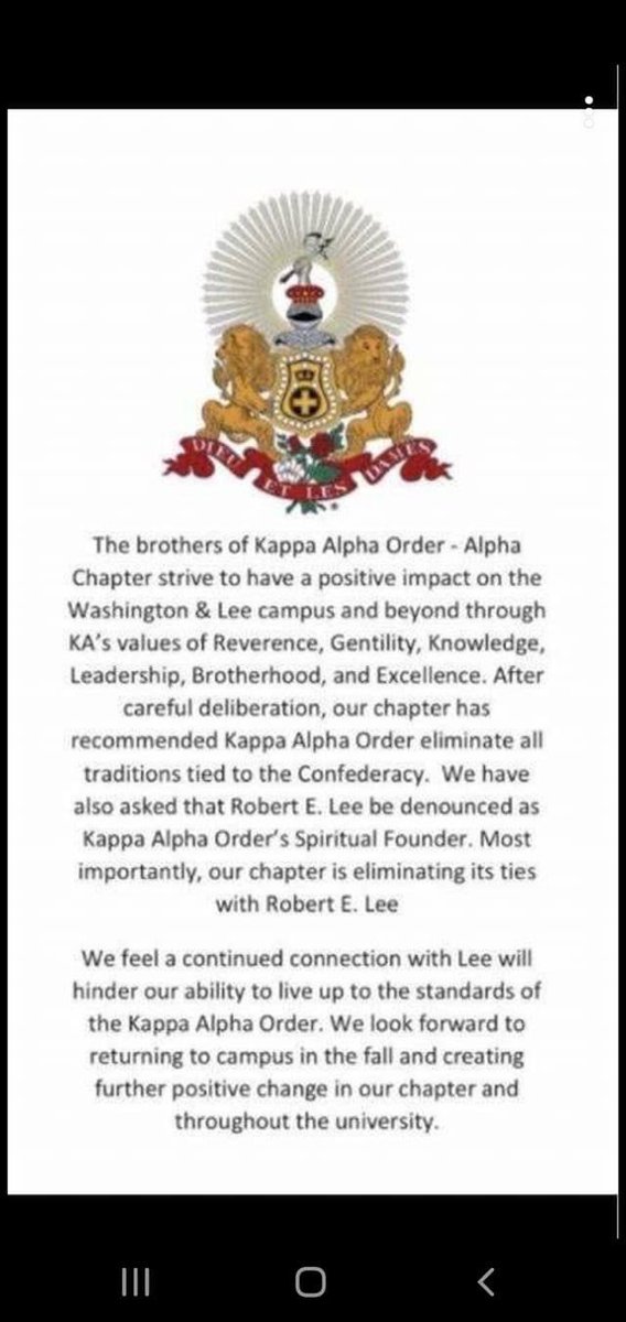 Pat_Ryan_11's tweet photo. This is the right move, @kappaalphaorder we can’t be “a moral compass for the modern gentleman” and teach reverence to Lee that fought to maintain slavery. This isn’t “cancel culture” it’s about a way forward. Let’s be the organization that appeals to modern gentleman as we claim https://t.co/czh5ZlpWek
