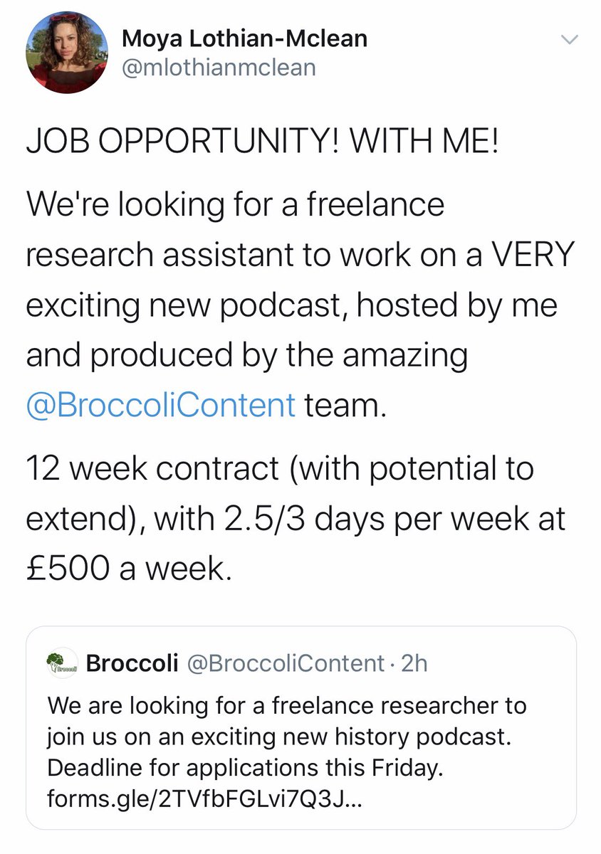 . @BroccoliContent is looking for a freelance research assistant to work on a podcast hosted by  @mlothianmclean. They’re encouraging people of Black heritage to apply. It’s a 12-week contract at £500 a week. Deadline: July 17. Application form:  https://forms.gle/2TVfbFGLvi7Q3Jy67