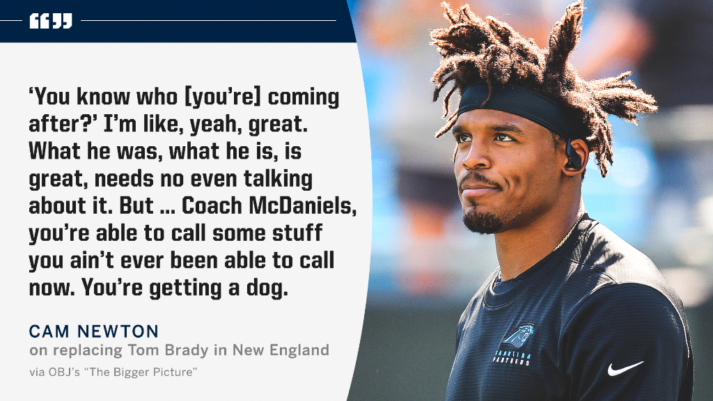 SportsCenter's tweet photo. Cam Newton respects Tom Brady but believes he can bring a new dynamic to the Patriots' offense. https://t.co/7LNX2mmZxd