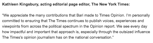 The New York Times confirms Bari Weiss' departure, as first reported by Vice:  https://www.vice.com/en_us/article/4ay47q/bari-weiss-is-leaving-the-new-york-times