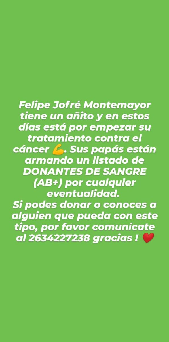 FranjaMendoza's tweet photo. Felipe necesita tu ayuda, si podes donar sangre tipo AB + o conoces a alguien que pueda hacerlo, por favor comunícate al 2634227238!

Gracias, donar salva vidas ! ❤️ https://t.co/3jkb0hvOLp