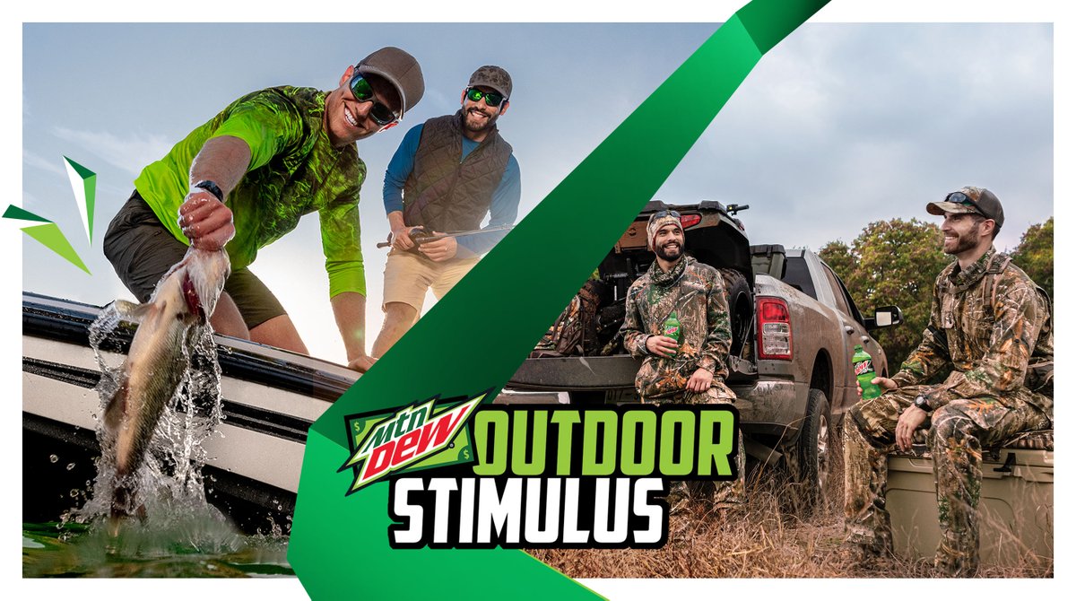 MountainDew's tweet photo. The #MTNDEWStimulus is BACK with another $100K to fuel your summer adventure. We’re giving $20 towards your hunting or fishing permit to the first 100 people who apply every day for 50 days at 9 AM CT. #OutHereItsDEW 

https://t.co/F2RusBKmu4 https://t.co/FWu7mpZMSB