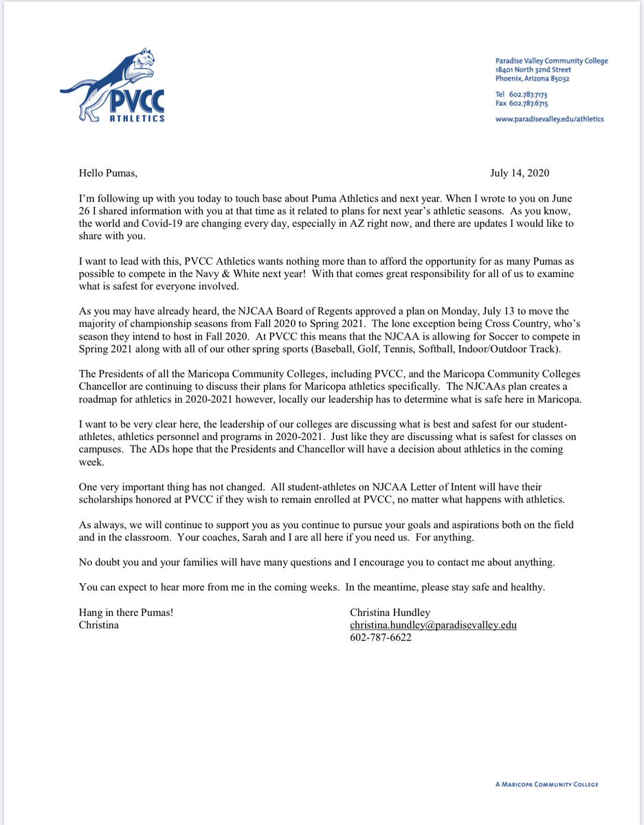 PVCCPumas's tweet image. A letter to all Pumas, from your Athletics Director. #GoPumas