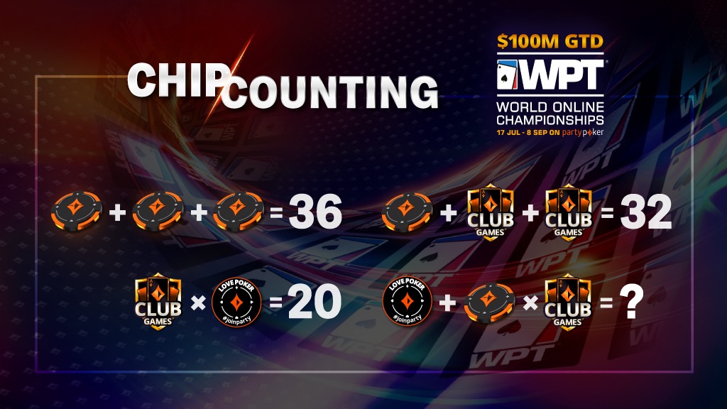 partypoker's tweet photo. Alright, the #WPTWOC starts this week, so warm up your brain with this little teaser. We have 3 x $22 @WPT satellite tickets to give away. Just like/Rt and give us the right answer to bemin with a chance to win. Real money accounts only. Winners selected randomly. https://t.co/TdqrZDvjL0
