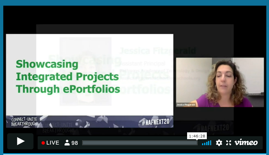 NAFCareerAcads's tweet photo. We are learning the role &amp; purpose of portfolios, particularly #ePortfolios, in secondary education. Administration from @PathwaysAcad AOIT will share how engaging in a school-wide themed project portfolio process has helped students #BeFutureReady! #NAFNext20 https://t.co/uXREq95N74