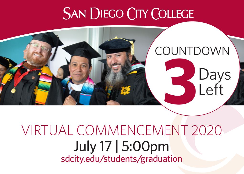 sdcitycollege's tweet photo. Thrilled with anticipation to celebrate the accomplishments of our amazing grads. 
Only 3 days until VIRTUAL COMMENCEMENT 2020!
Friday, July 17 | 5:00pm. Show us your decorated mortarboard using the hashtag: #citygrad2020. For more info: https://t.co/HVvZfXhTcN
#CityGrad2020 https://t.co/MvMREuOgtB