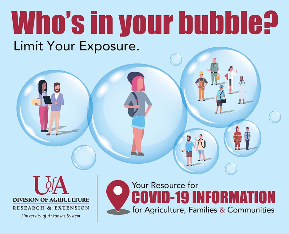 Who’s in your bubble? By limiting the number of people you interact with in person, you can protect yourself, friends and family by reducing your chances of exposure to #COVID19. Visit uaex.edu/covid19 for more resources. <a href="/AgInArk/">UA System Div of Ag</a> #countyagentlady