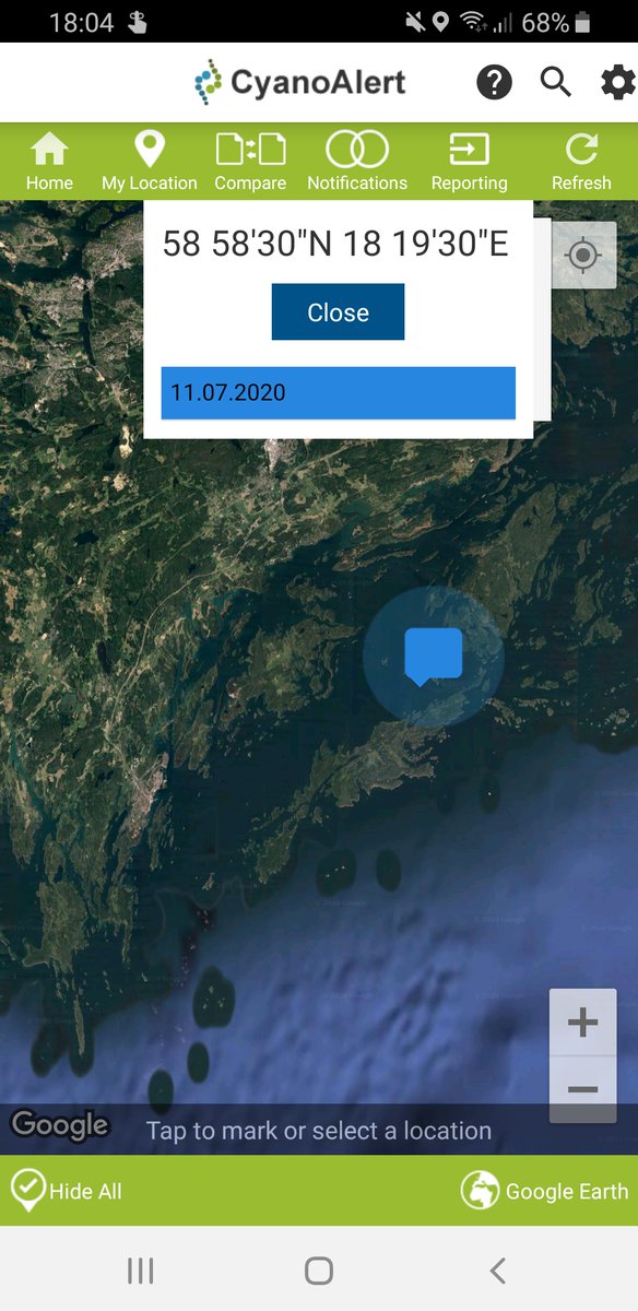 CyanoAlert's tweet photo. The first report has been submitted on the #CyanoAlert Android App by a user in #Sweden. Blue waters were reported for the 11 July 2020 in the wider #Stockholm archipelago. Download the App: https://t.co/LsaMbWpwX0 https://t.co/57iotm0MFE
