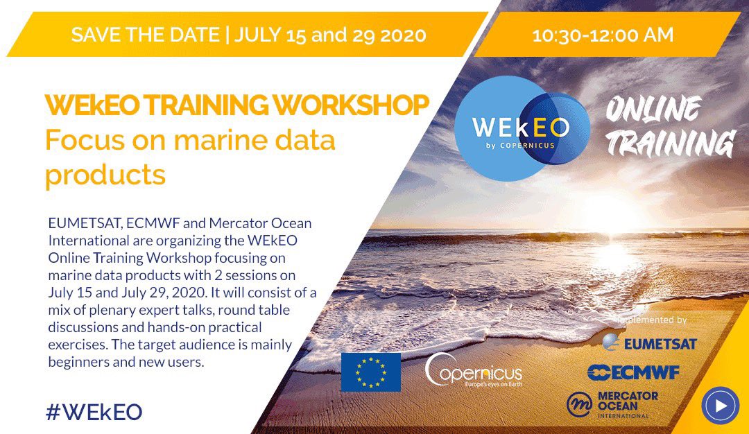 CopernicusECMWF's tweet photo. Would you like to get started using #WEkEO V1 to access and apply marine products from @CopernicusEU and #Sentinel? If so, make sure to join the free online training workshop for new users starting tomorrow (15 July).

Sign up now! ➡️https://t.co/6CY9I0pXRk https://t.co/VPu2czYKSc