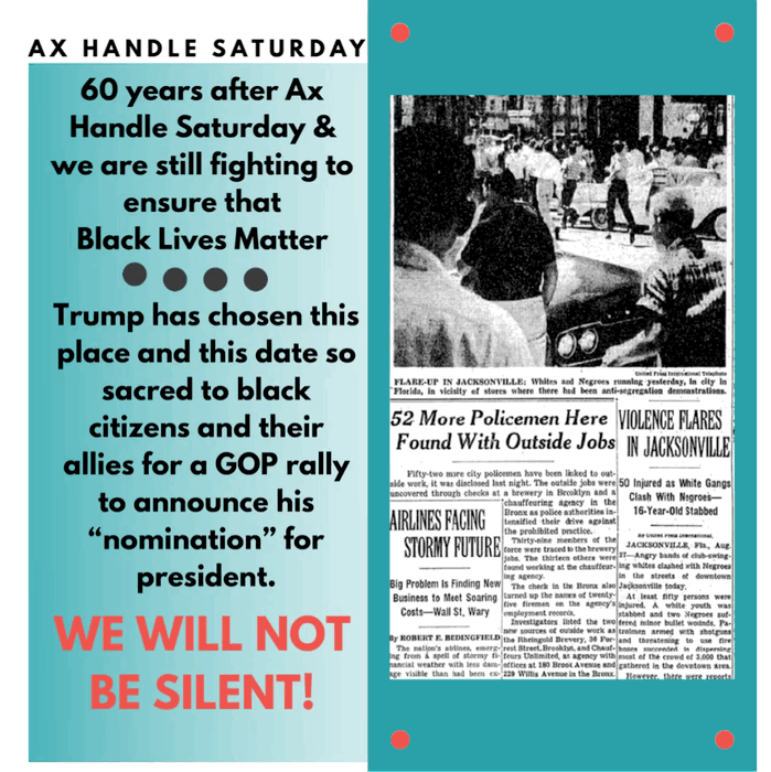 We can all agree the scheduling of the Republican National Convention to coincide with Ax Handle Saturday in Jacksonville, FL was no accident or coincidence. #ONEV1 #NoJaxRNC  #BlackLivesMatter  