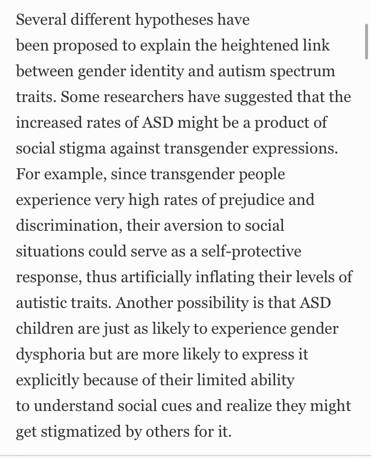 The Forbes article cited says there are multiple hypotheses for this including that trans people may be averse to social situations b/c of discrimination which is “artificially inflating their levels of autistic traits.”