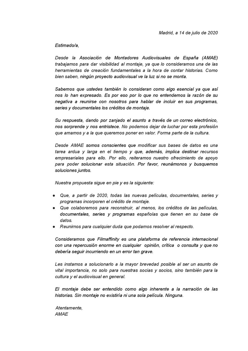 Las asociaciones de la #AgrupaciónAsociacionesAudiovisual se unen a <a href="/AMAE_pro/">AMAE Asociacion Montadores Audiovisuales de España</a>​ para pedir a <a href="/Filmaffinity/">FilmAffinity</a> que incluya en su listado de créditos el montaje y otras disciplinas esenciales como sonido o producción que tampoco constan actualmente.