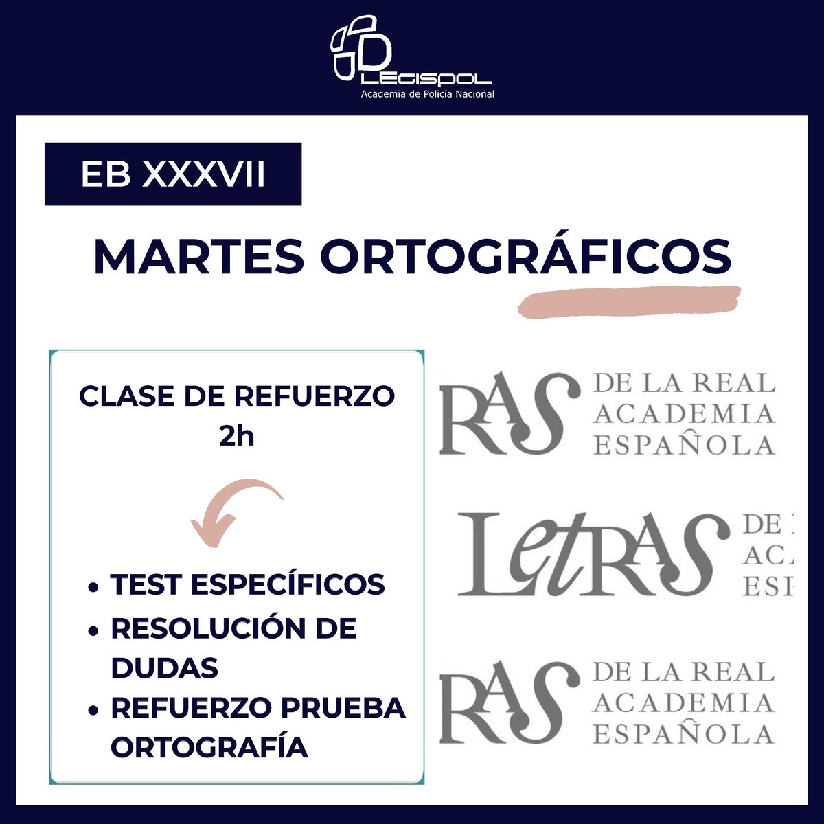 Acad_Legispol's tweet photo. Sabemos lo importante que es la ortografía y por eso hemos querido reforzarla con nuestros MARTES ORTOGRÁFICOS 📑📚

Todos los grupos de EB tendrán acceso a dos horas de clase con test específicos, resolución de dudas y refuerzo de esta prueba✔✔
#policianacional #legispol https://t.co/LHXGAjgXyl