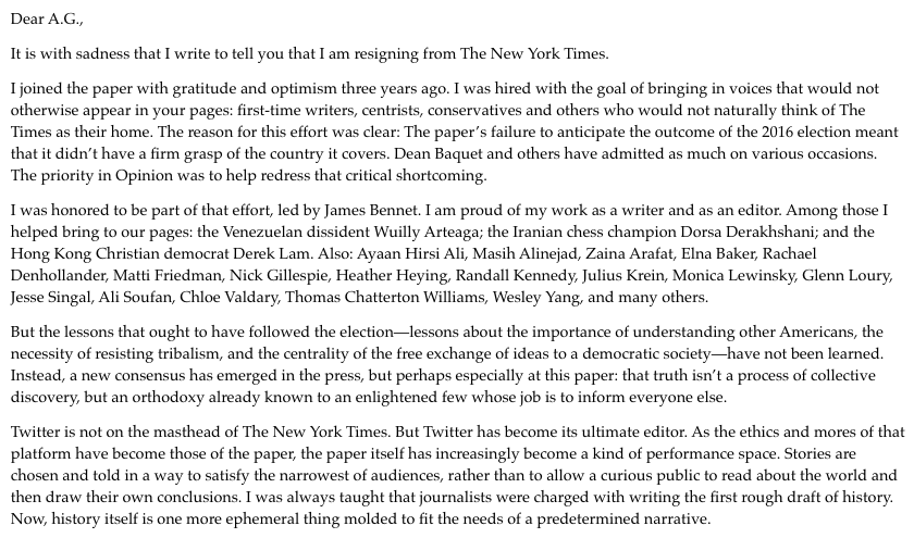 NEW: Bari Weiss has published her resignation letter to publisher A.G. Sulzberger  https://www.bariweiss.com/resignation-letter