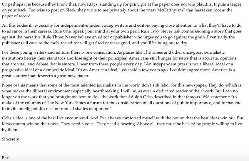 NEW: Bari Weiss has published her resignation letter to publisher A.G. Sulzberger  https://www.bariweiss.com/resignation-letter