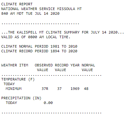 NWSMissoula's tweet photo. Yep, that's cold! #Kalispell @IFLYGLACIER #KGPI #FCA low temperature ties record cold of 37°F this morning...record previously set in 1969. #mtwx https://t.co/gLMIUvMCSc