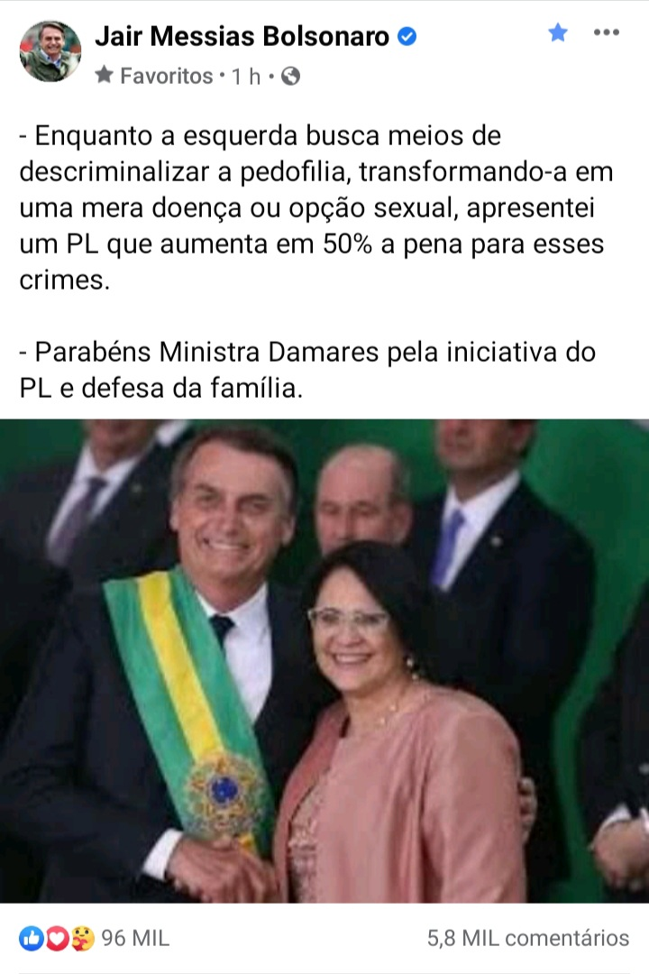 Obrigada, presidente <a href="/jairbolsonaro/">Jair M. Bolsonaro</a>. Cumpro suas ordens e seu programa de campanha. Ninguém aqui passa pano para pedófilo.