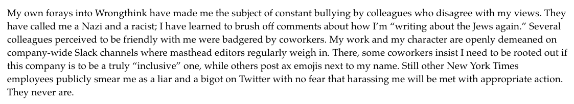 bungarsargon's tweet photo. Read @bariweiss's brave letter of resignation from @nytimes. What she's had to endure for her opinions is appalling, and she's borne it with grace. I hope this leads to some soul searching from the former paper of record. 
https://t.co/oYBEa32qVt https://t.co/lilohekT8K