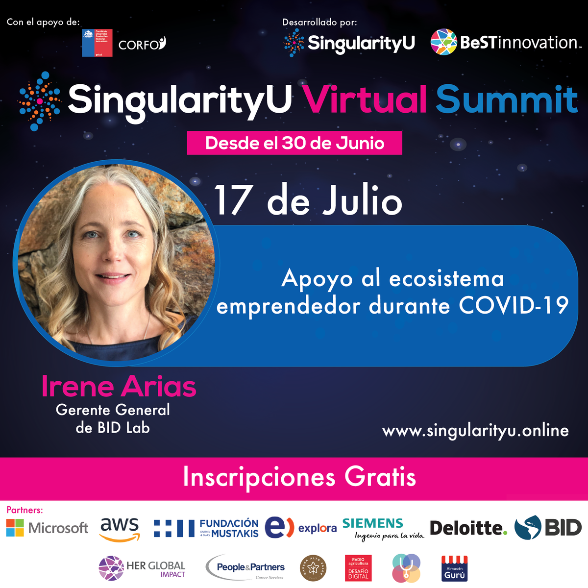 IDB_Lab's tweet photo. Acompáñanos el próximo viernes 17 de julio a las 12pm de 🇨🇱 en @suchilesummit , donde nuestra CEO @iariashofman compartirá nuestras iniciativas de apoyo al ecosistema #emprendedor durante el #COVID19 💡Regístrate aquí 👉https://t.co/OoBBqUszMH #SingularityUSummit @IDB_Lab https://t.co/BLDuZ8KGCK