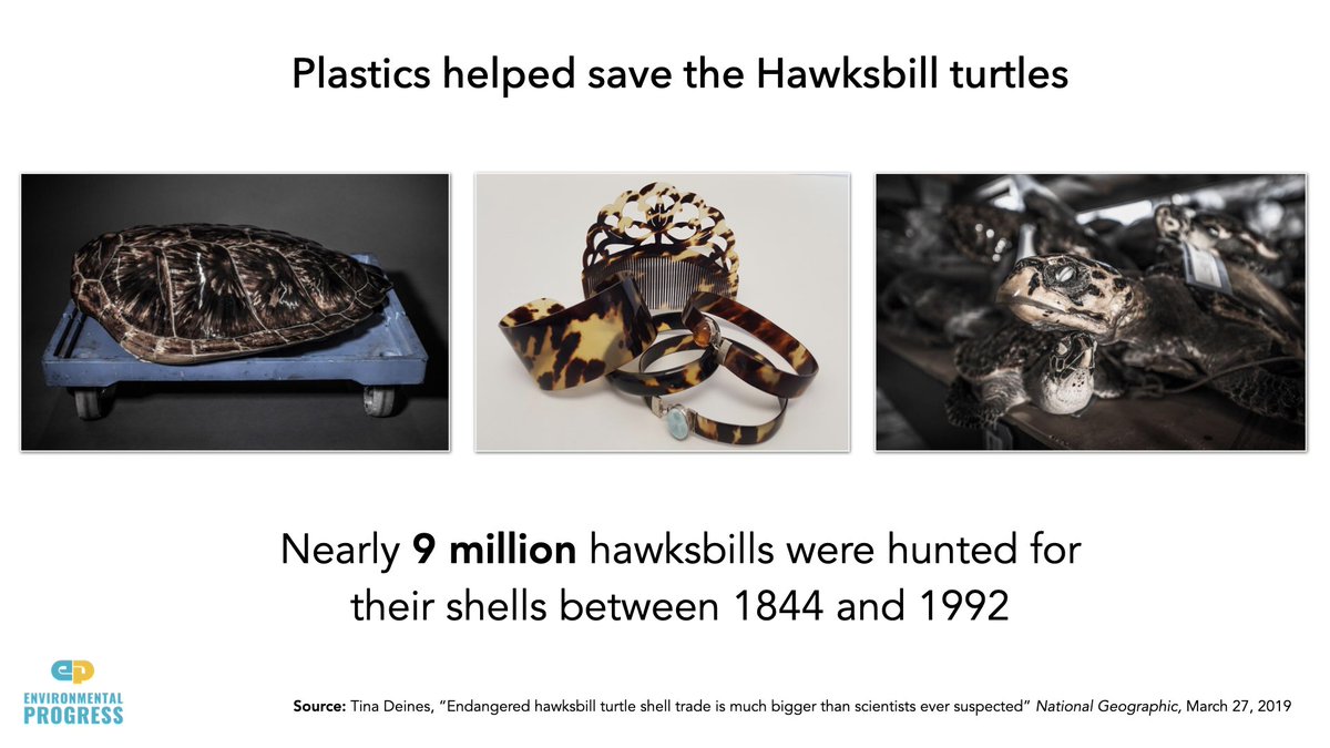 Plastic provided an alternative to "bio-plastics" made from sea turtle shells (e.g. "tortoise shell glasses) & elephant tusks And we should celebrate fact that population size of sea turtles is increasing, showing "even small sea turtle populations have the capacity to recover"