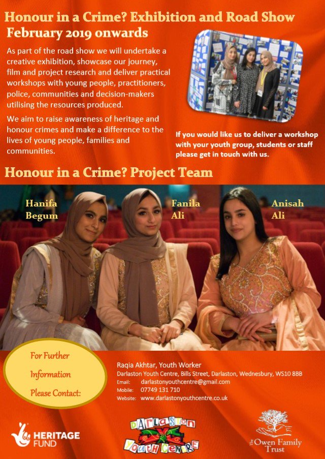 Darla_YouthCntr's tweet photo. #HonourBasedAbuse seriously impacts on many young people's lives! It knows no boundaries! Our aim is to support our Project Team of young women to #raiseawareness of #HBA &amp; challenge oppressive practice! #honourinacrime #daddyslittleizzat @wmpsentinel #stopforcedmarriage https://t.co/KVq6BPPZmi