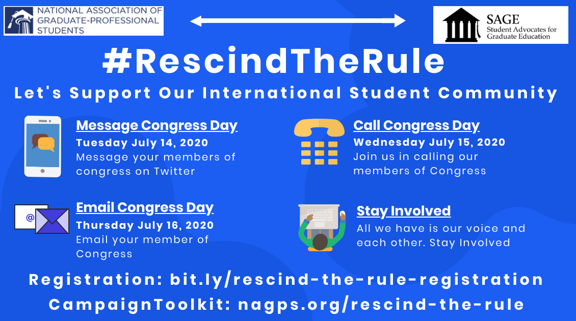 NAGPS's tweet photo. Message your members of Congress today on Twitter and tell them to #RescindTheRule. Join us in the campaign and get your toolkit by registering here https://t.co/LKf3cLIBp2. Tweet on your own, or follow us and retweet! We #SupportIntlStudents and want to end the #StudentBan https://t.co/cankahPE9i