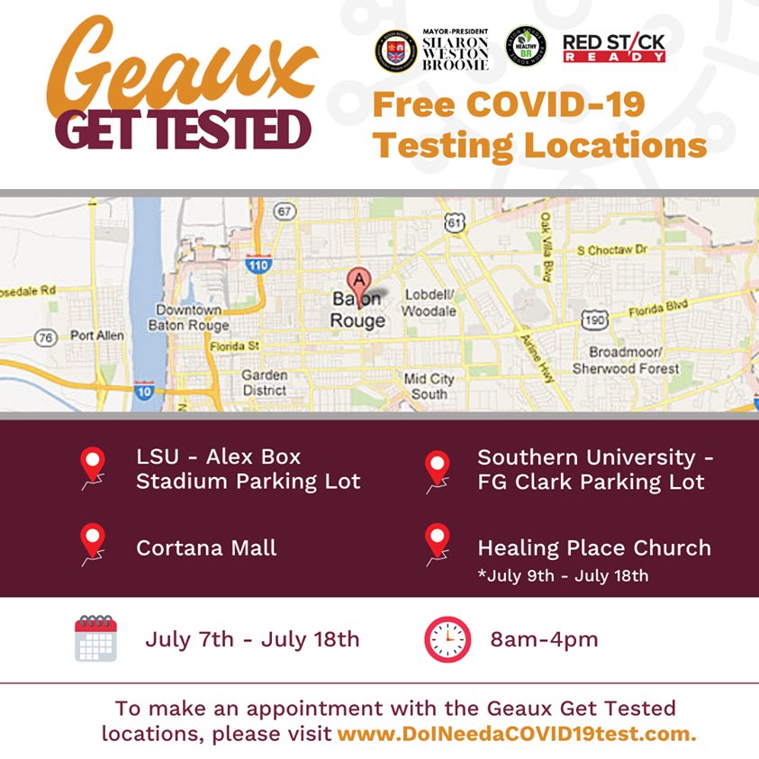 Free COVID-19 testing for Louisiana residents in East Baton Rouge Parish is available at <a href="/LSU/">LSU</a>’s Alex Box Stadium and <a href="/SouthernU_BR/">Southern University</a>’s FG Clark Center until July 18. 

Go to DoINeedaCOVID19test.com to find a testing center location today and #GeauxGetTested. #lagov